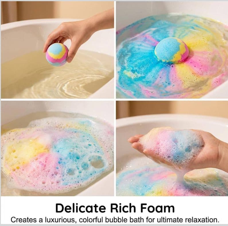 4-panel sequence showing a SplashBomb dissolving into vibrant rainbow foam